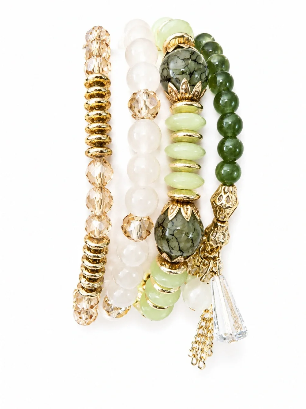 GORGEOUS Gold and Green Beaded Stack Stretch Bracelet Set